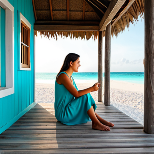 A solo female traveler, fully clothed in modest, comfortable beach attire, sitting peacefully on the wooden porch of a rustic, charming beach bungalow. The bungalow opens directly onto fine white sand, with the turquoise sea and a gentle sunrise in the background. The scene emphasizes natural beauty and a relaxed atmosphere. Perfect anatomy, correct proportions, well-formed hands, proper finger count, natural body proportions, safe for work, appropriate content, fully clothed, family-friendly, professional photography, high quality.