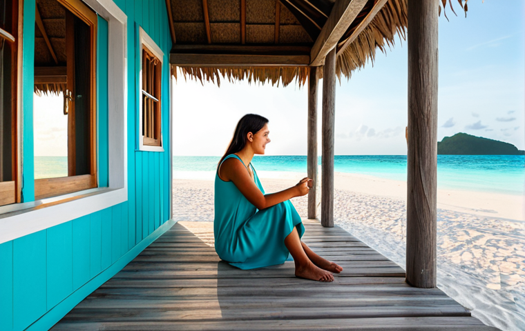 A solo female traveler, fully clothed in modest, comfortable beach attire, sitting peacefully on the wooden porch of a rustic, charming beach bungalow. The bungalow opens directly onto fine white sand, with the turquoise sea and a gentle sunrise in the background. The scene emphasizes natural beauty and a relaxed atmosphere. Perfect anatomy, correct proportions, well-formed hands, proper finger count, natural body proportions, safe for work, appropriate content, fully clothed, family-friendly, professional photography, high quality.