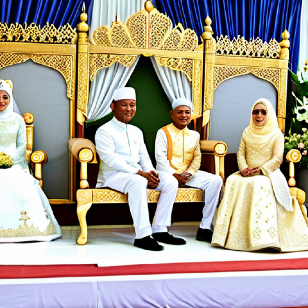 Bersanding Ceremony**

"A beautifully decorated 'pelamin' (wedding throne) at a Malaysian wedding, a fully clothed bride in a modest, intricately embroidered 'baju kurung' and a groom in a matching 'baju melayu' sitting side-by-side, receiving blessings from family members, appropriate attire, safe for work, perfect anatomy, natural proportions, professional photography, bright and vibrant colors, family-friendly atmosphere."

**