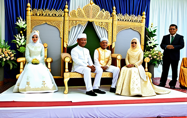 Bersanding Ceremony**

"A beautifully decorated 'pelamin' (wedding throne) at a Malaysian wedding, a fully clothed bride in a modest, intricately embroidered 'baju kurung' and a groom in a matching 'baju melayu' sitting side-by-side, receiving blessings from family members, appropriate attire, safe for work, perfect anatomy, natural proportions, professional photography, bright and vibrant colors, family-friendly atmosphere."

**