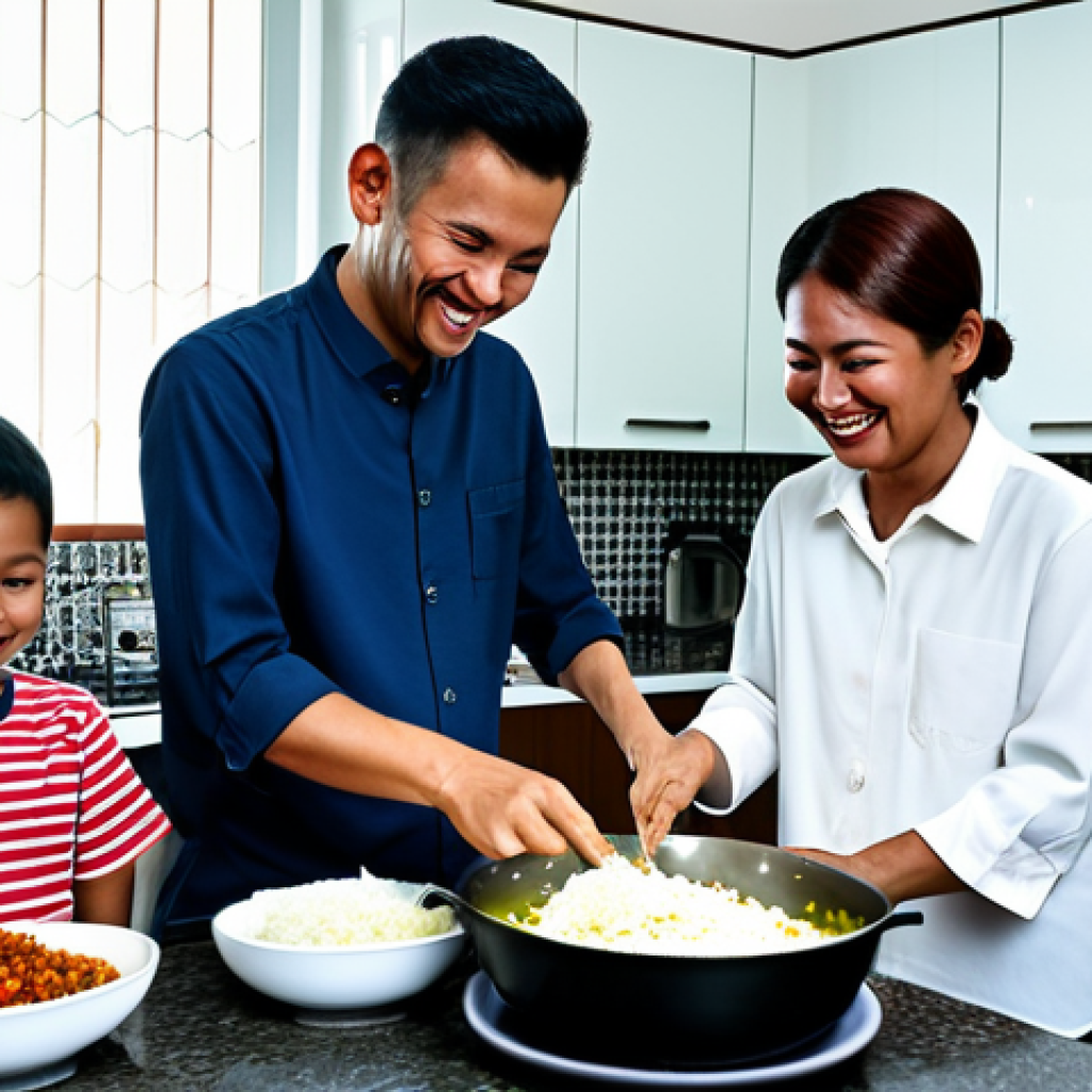 **

"A friendly French tourist, fully clothed in modest travel attire, learning to cook Nasi Lemak in a bright, modern Malaysian kitchen with a local family. The family is smiling and helping her.  Appropriate content, safe for work, natural proportions, perfect anatomy, professional photography, well-formed hands, proper finger count, family-friendly scene, high quality."

**