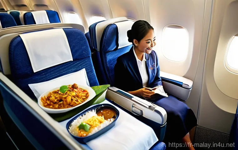 말레이시아 국내선 항공사 비교 - **Prompt:** A serene and elegant interior view of a Malaysia Airlines economy class cabin. Sunlight ...