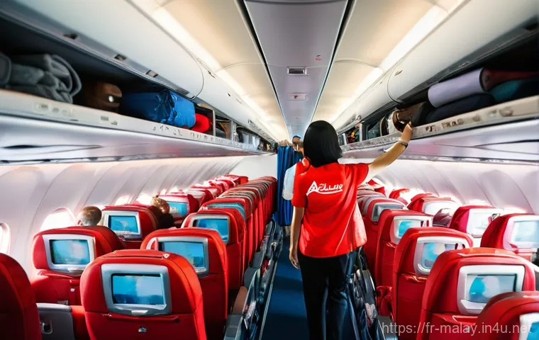 말레이시아 국내선 항공사 비교 - **Prompt:** A serene and elegant interior view of a Malaysia Airlines economy class cabin. Sunlight ...