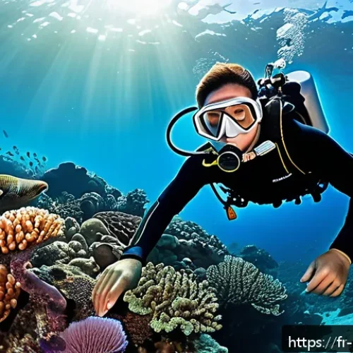 Home 15 말레이시아의 해양 스포츠 체험 - A serene underwater scene in Malaysia’s Pulau Tioman, showcasing a beginner scuba diver wearing a fu...