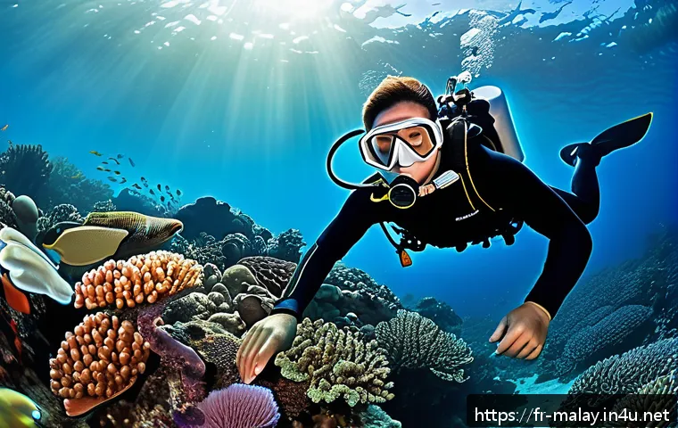 말레이시아의 해양 스포츠 체험 - A serene underwater scene in Malaysia’s Pulau Tioman, showcasing a beginner scuba diver wearing a fu...