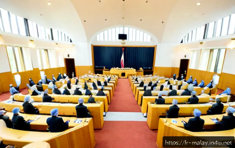 말레이시아 정치 시스템 이해 - Photorealistic wide-angle view of Malaysia’s parliamentary chamber during a formal legislative sessi...