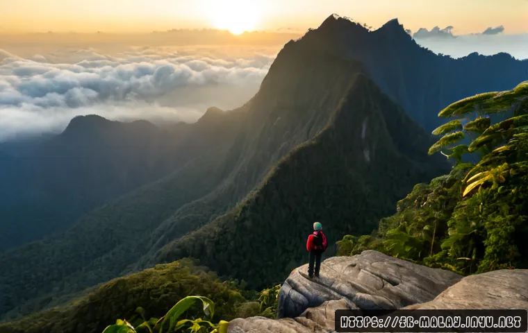 Home 17 말레이시아의 코타키나발루 명소 - Photorealistic sunrise view of Mount Kinabalu from a quiet Sabah countryside viewpoint, dramatic gra...
