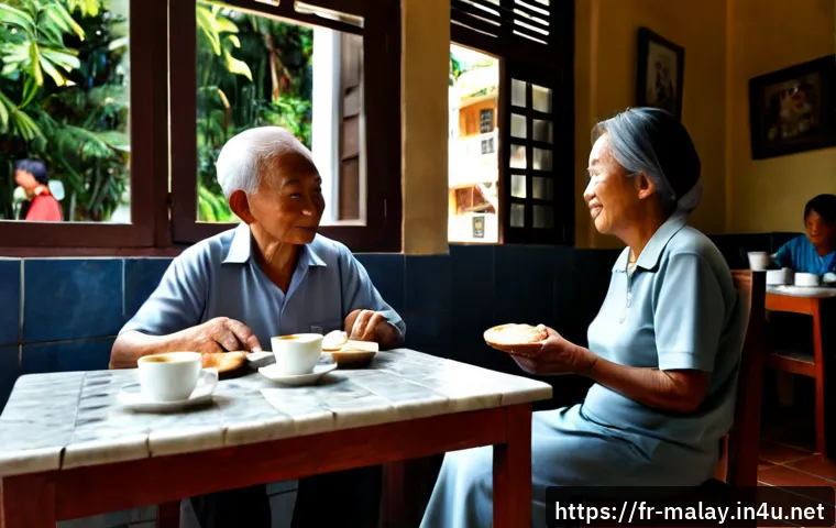 Home 17 말레이시아의 커피 문화와 카페 추천 - Photorealistic morning scene in a traditional Malaysian kopitiam, elderly local patrons and a French...
